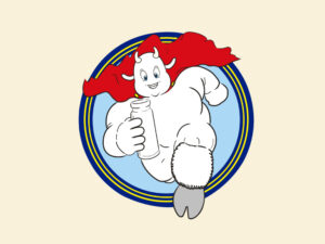 ミルクマンのロゴ　白い牛のようなキャラクターが赤いマントをなびかせている